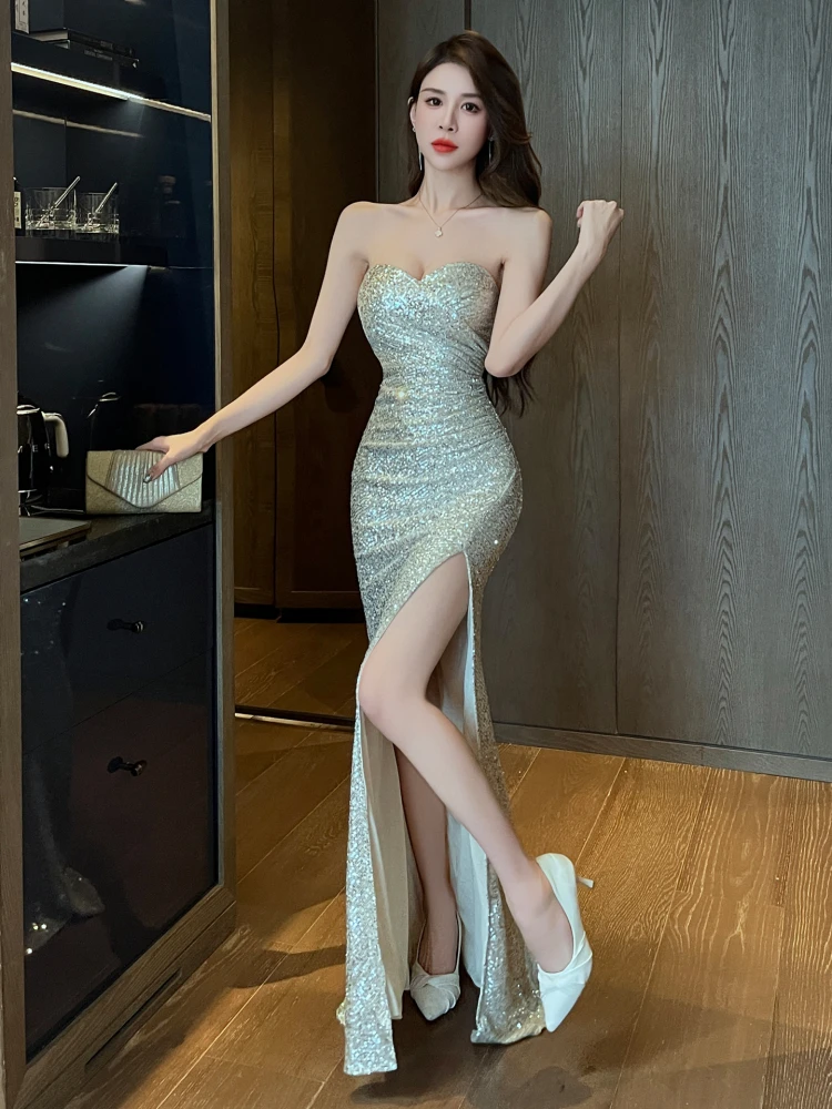 

Sexy Long Evening Gown with Sequins mid Waist Zipper Sle Slimming Slimmer Par Host Formal Wear Polyester Fiber