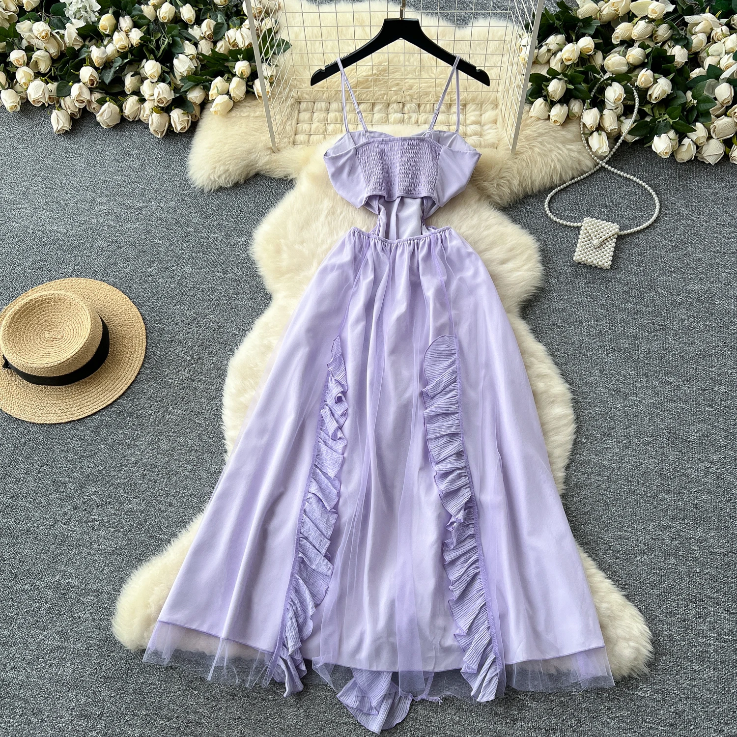 Vintage backless mesh Slip Dress Sexy Elegant Beach Vacation Women Summer Sleeveless Fashion Dresses