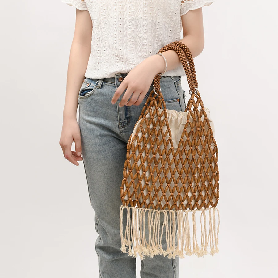

Summer Woven Beaded Handbags Women Hollow-out Tote Female Travel Fringe Beach Reticulate Netted Canvas Inner Pocket Clutch Purse