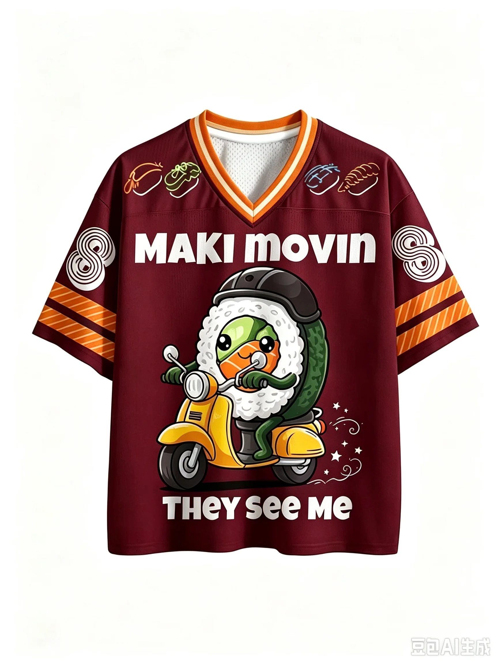 Funny Maki Sushi Roll Scooter Football Jersey 3D Tshirt Unisex Vneck Short Sleeve Cute Cartoon Food Meme Loose Casual Street Tee