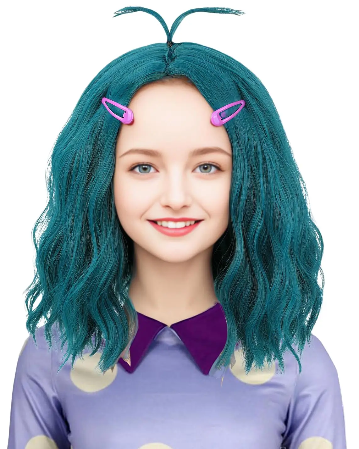 Blue Green Costume Wig with Hairpins for Women Short Wavy Blue Green Wig Fun Anime Cosplay Halloween Wig