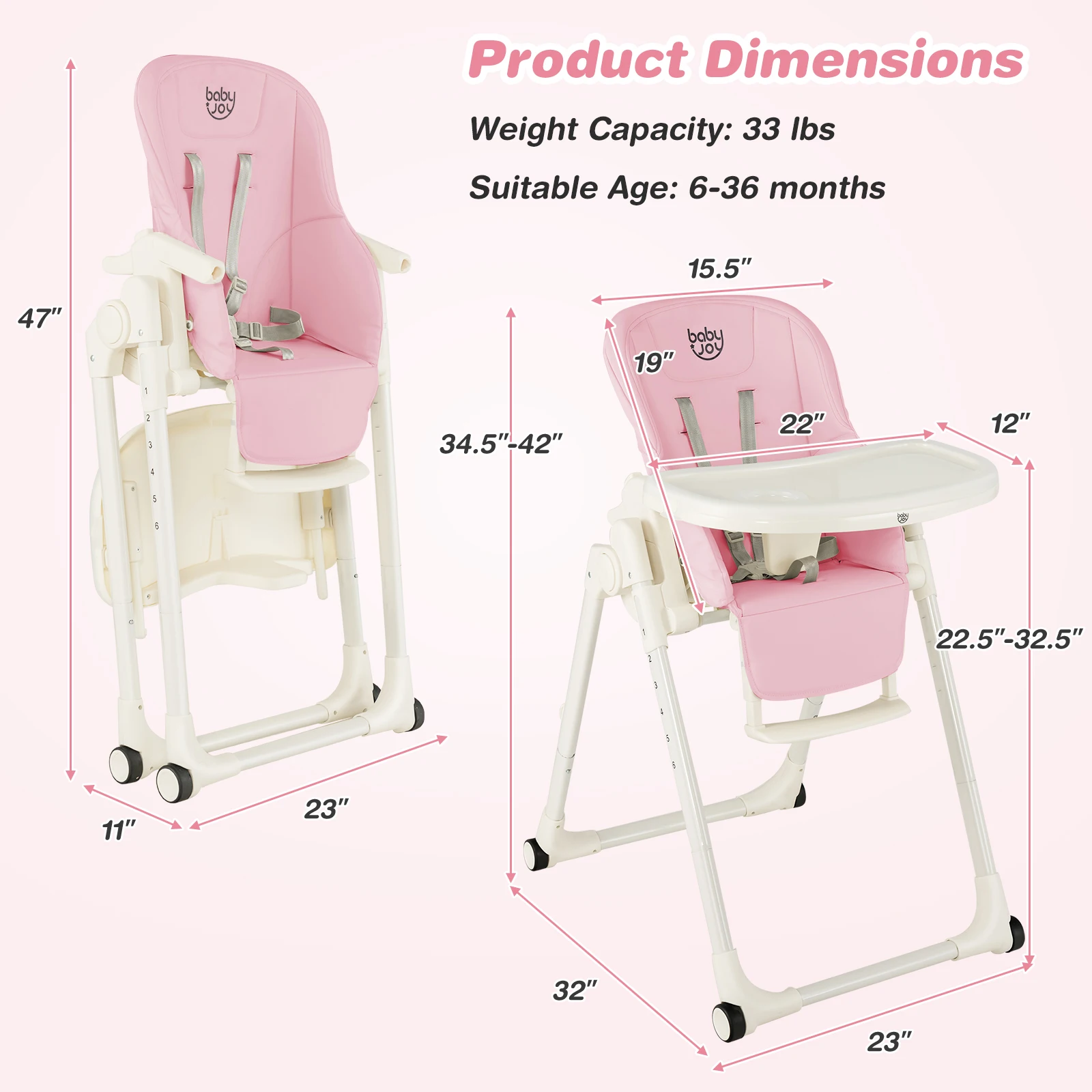 4-in-1 Foldable Baby High Chair Height Adjustable Feeding Chair w/ Wheels Pink