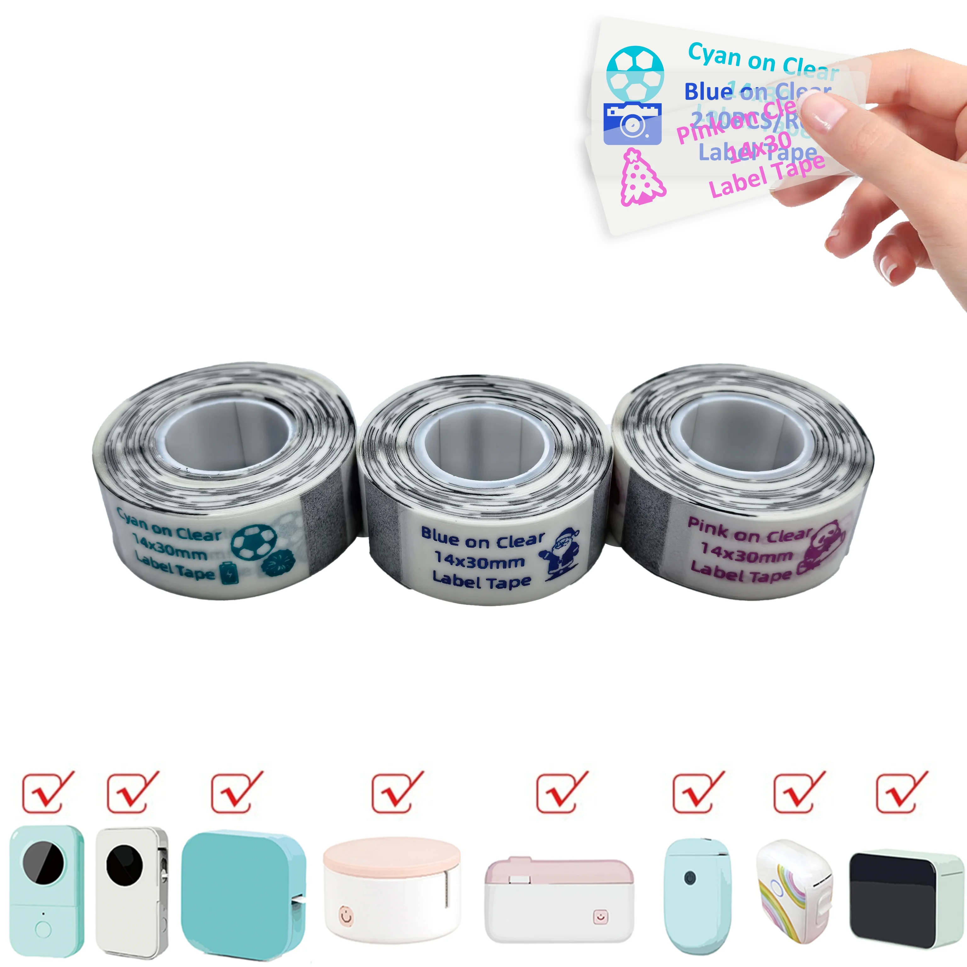 D30 Q30 P11 14x30mm 210PCS/Roll Transparent Label Tape Blue, Teal, Pink Adhesive Sheets for Thermal Printers, Packaging, School