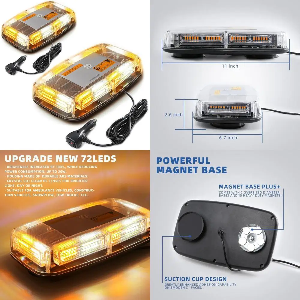 

Pair of 72 LED Roof-Mounted Amber/White Emergency Strobe Lights, 12-24V, Magnetic Base, Suitable for Snow Plows, Trucks, and Con
