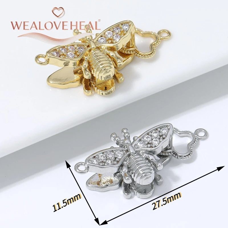 armband verschluss, 1/2 Stück 18K vergoldeter Messing-Bienenverschluss, Micro-Pavé-CZ-Honigbienen-Druckverschluss mit Kleeblatt-Endstück für Perlenarbeiten DIY Schmuckzubehör – Detail 16