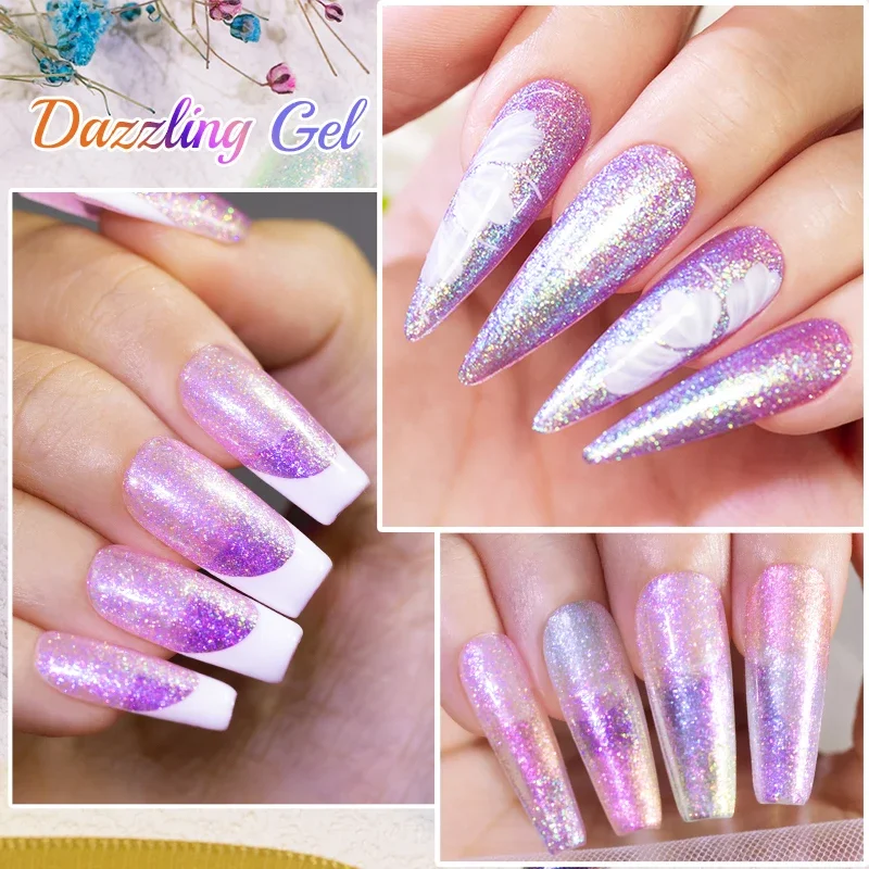 BOZLIN Dazzling Gel 7,5 ml Auroras Sparkle Glitter Semi Permanent Lack Soak Off UV LED Sparkling Nail Art Base Top Coat