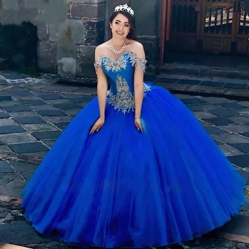 ANGELSBRIDEP Blue Ball Gown Quinceanera Dresses 15 Party Sexy Off-Shoulder Applique Tulle Formal Princess Birthday Customized