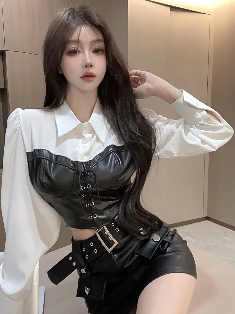 Korean Spicy Girl Fake Two-piece Shirt Women Fashion Polo Neck Leather Jacket Patchwork Lace Up Motorcycle Cool Chic Spring Wear