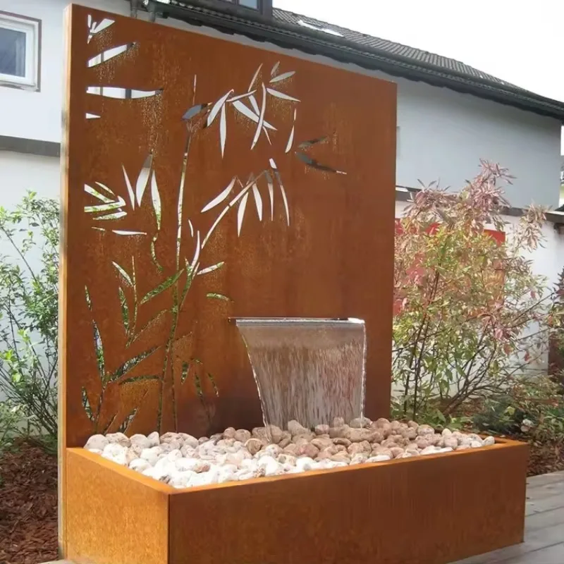 EXW Corten Steel Rain Curtain Water Feature Laser Cut Screen Panel Design With Rust Finish For Outdoor Garden Landscape Decor