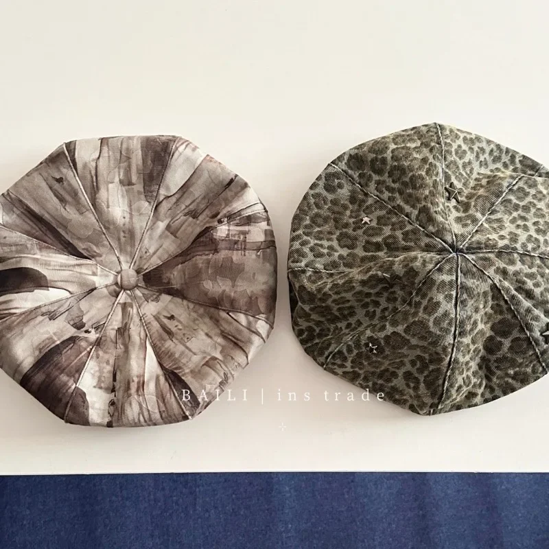 Women's Vintage Leopard Print Reversible Beret Hat Casual Sweet Cool Large Size Cap
