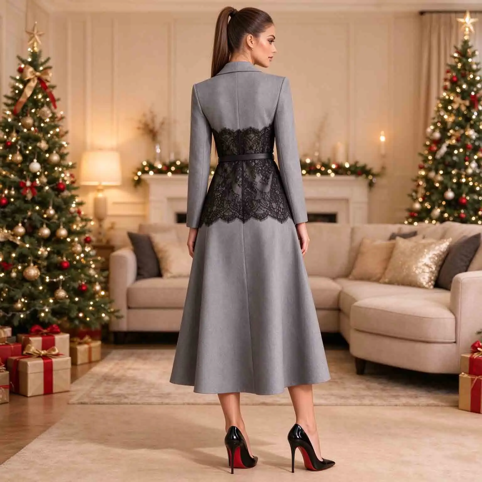 Customized Lace Patchwork Midi Dress Shawl Collar Long Sleeve A-Line Semi Formal Evening Dress with Belt Tea Length Coat Dresses