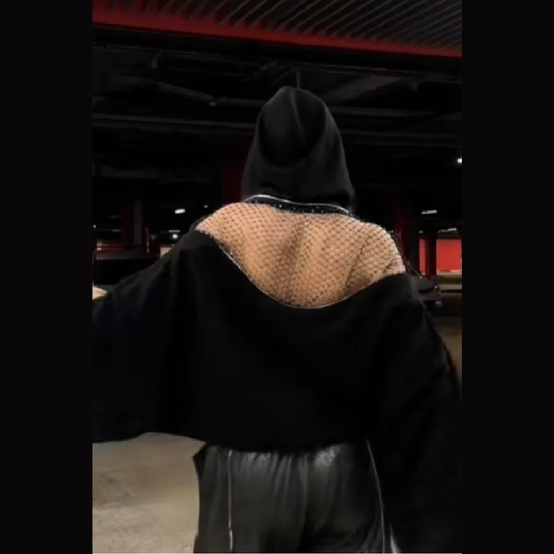 Sexy évidé filet de pêche dos nu à capuche mode nouveautés Cool noir décontracté Chic Cardigan sweat vêtements esthétiques