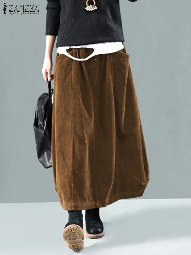 2024 ZANZEA Women Vintage Corduroy Skirts Solid Loose Faldas Saia Jupe Casual Overskirts Autumn Elastic Waist Long Skirt Buttom