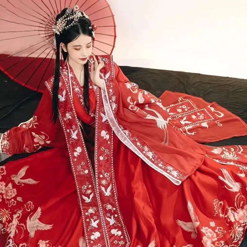 الأحمر هانفو تأثيري زي للنساء ، شيا بي ، الخصر طول تنورة ، الملابس التقليدية الصينية ، أغنية سلالة الزفاف العروس