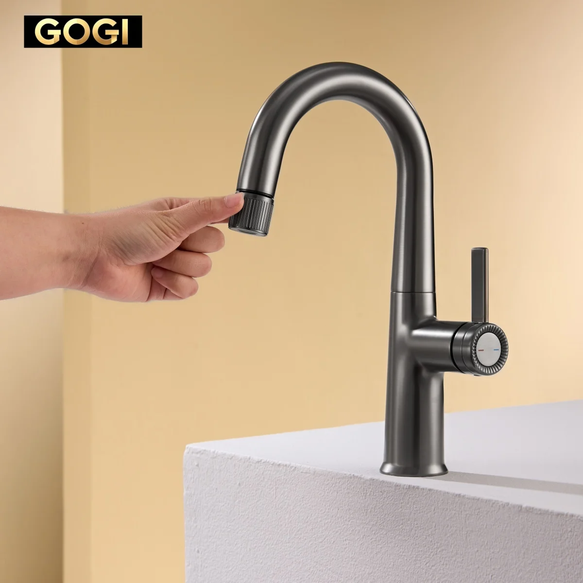 GOGI Solid Brass Gun Gray Pull Out Bathroom Basin Faucet, 3 Spray Modes Ceramic Cartridge Hot Cold Water Sink Mixer Tap