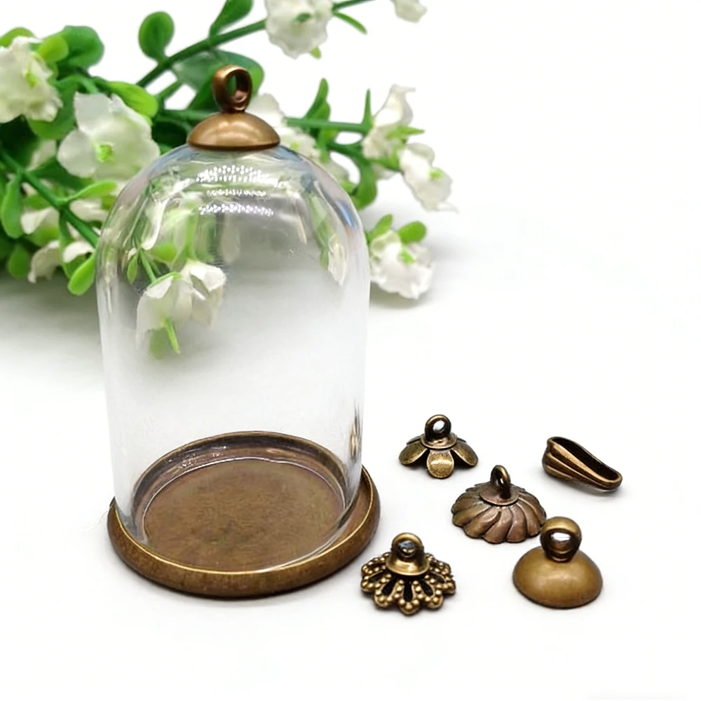 20pcs 38*25mm Bell Jars Shape Bronze Plated Glass Globe Classic Base Cap Set Glass Vial Pendant Handmade Empty Crystal Finding