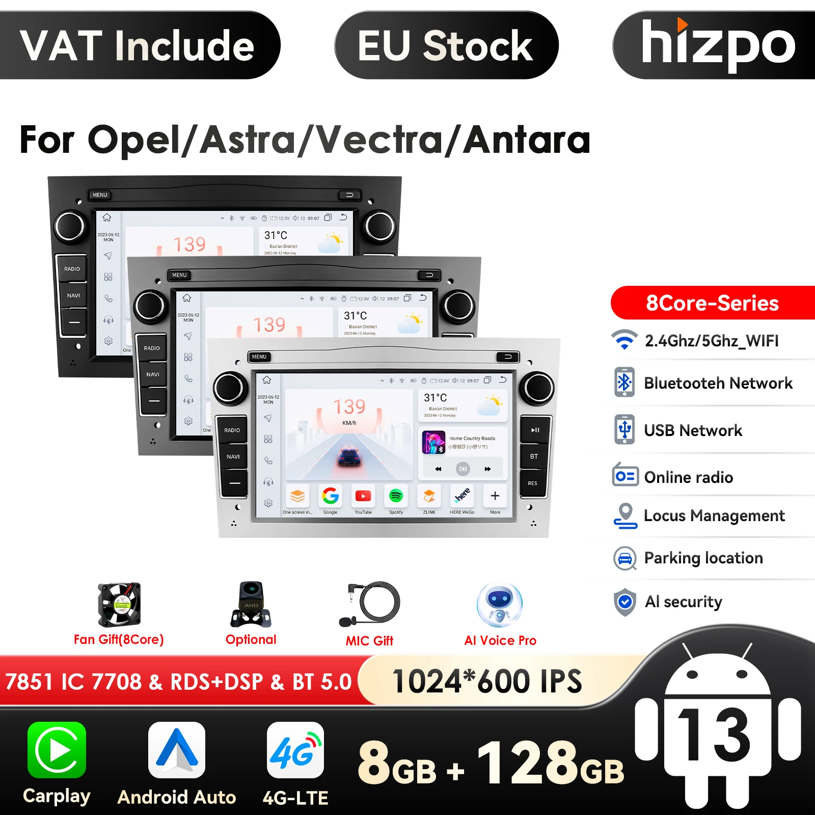 CarPlay 4G 2din Android 13 Car Radio GPS for Opel Astra H J 2004 Vectra Vauxhall Antara Zafira Corsa C D Vivaro Meriva Veda WIFI