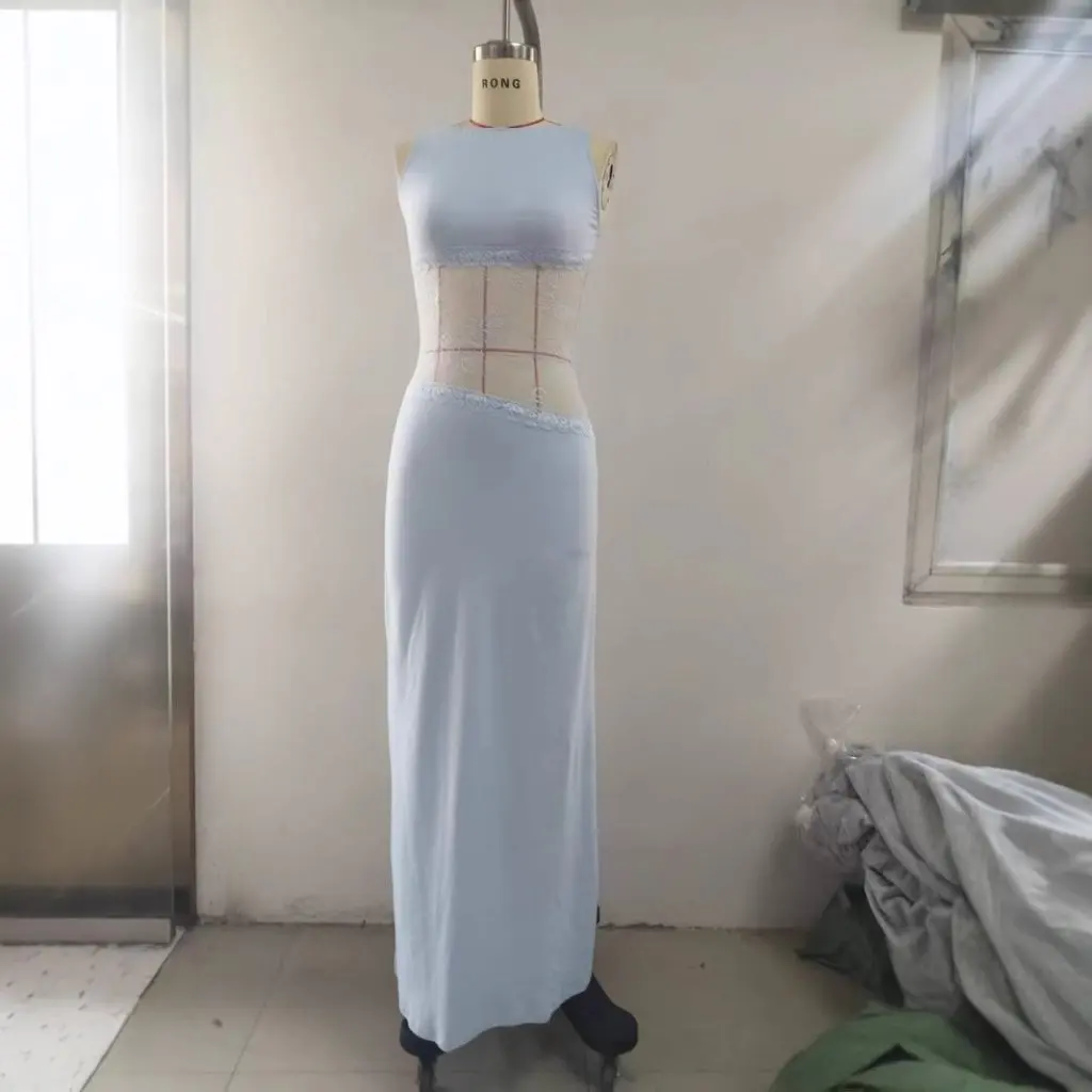 فستان طويل جديد من الساتان والدانتيل بقصة ضيقة بدون ظهر للنساء، أزياء صيفية مثيرة على الطراز الأوروبي الأمريكي