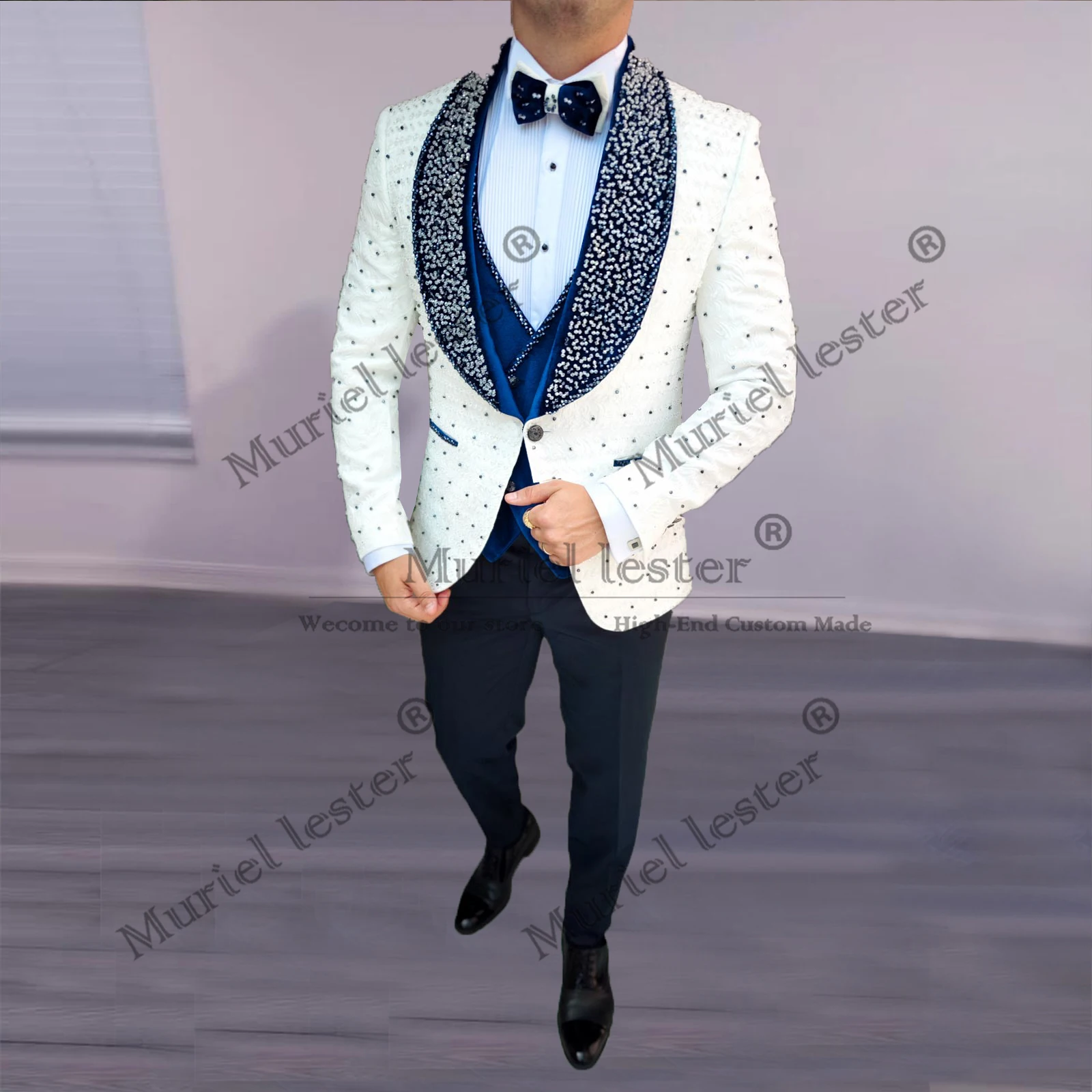 

Wedding Suits For Men Luxury 3 Pieces Groom Tuxedos Customized Pearls BeadS Navy Shawl Lapel Prom Blazers traje de hombre 2025