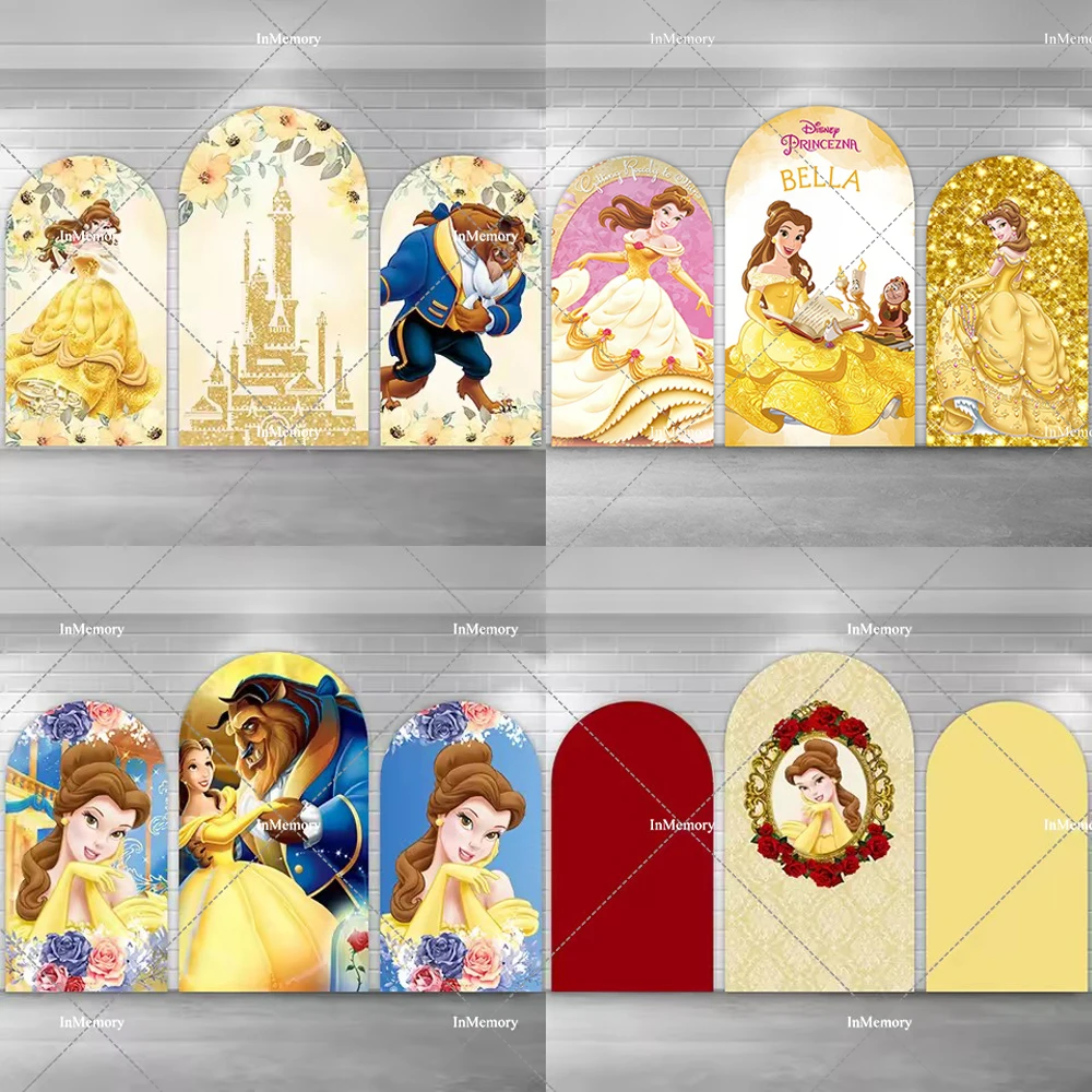 

Фон для дня рождения принцессы Белль с изображением арки для девочек, мультяшная тема «Красавица и чудовище», фотофоны для детского душа, принадлежности