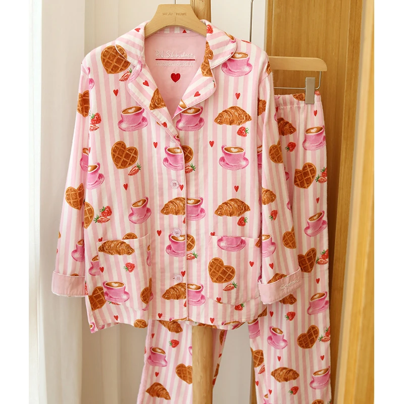 Sweet Women's Sleepwear 2PCS Pajamas Set Spring Autumn New 100%Cotton Night Wear Pijamas Suit Loose Casual Home Clothes Pyjama