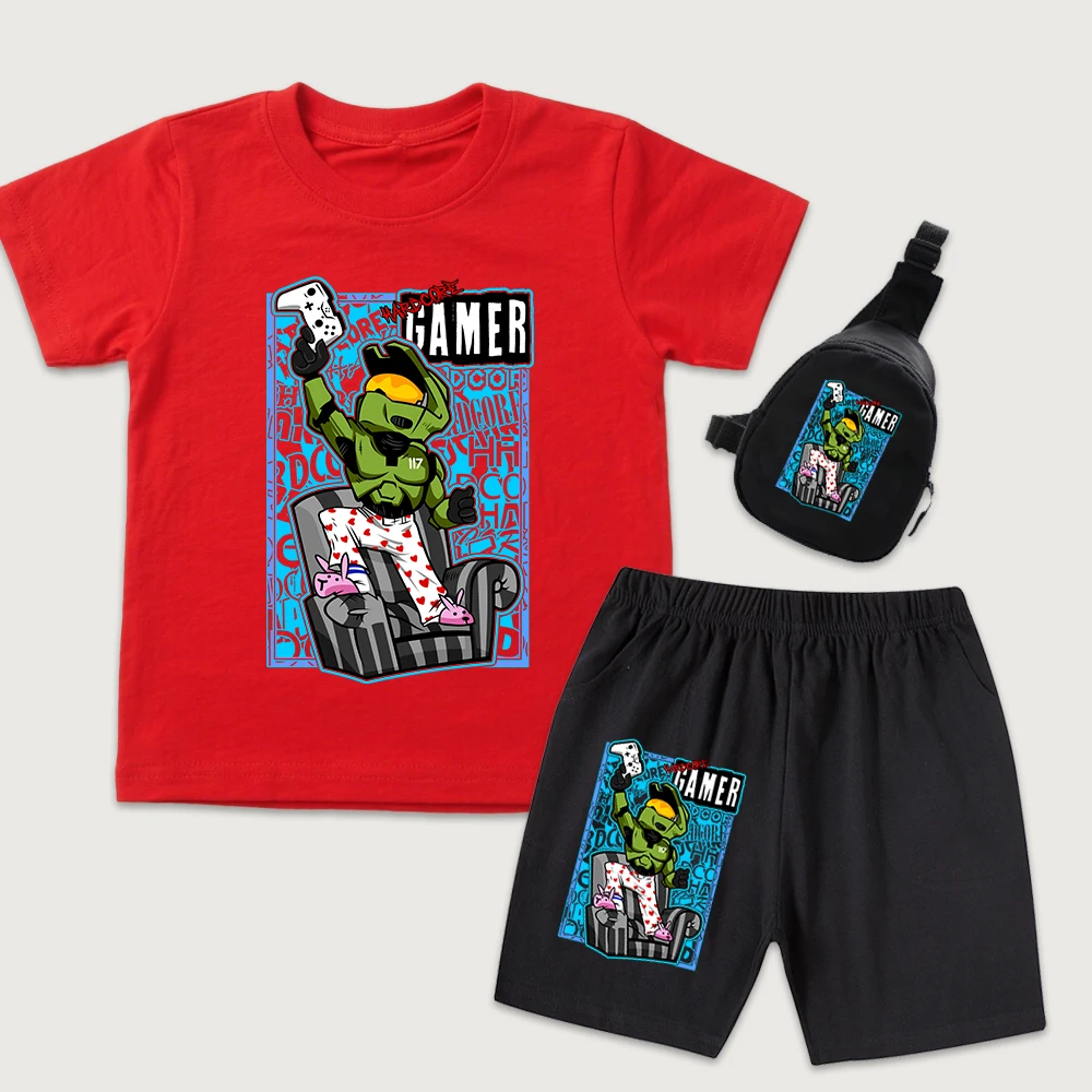 Halo Hardcore Gamer Anime Print Kids Boys Girls Cotton T Shirt Shorts Mini Chest Bag 3 Piece Set Summer Outfit