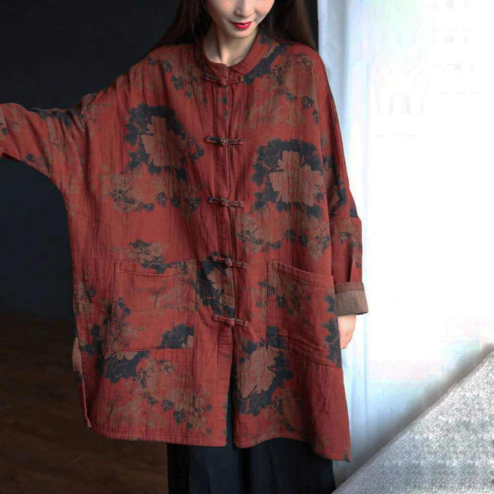 

Spring Cotton Linen Printed Jacket Windbreaker Women's Chinese Retro Disc Buckle Loose Version Of Medium Long Coat With Pockets