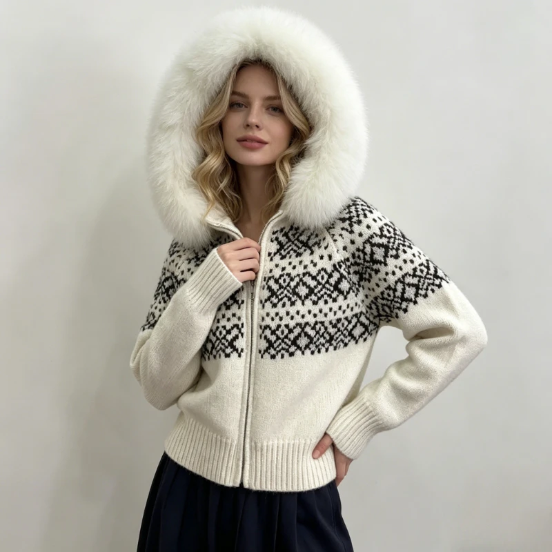 Chic Vintage Casual Hooded Fur Collar Women's Knitted Cardigan Autumn and Winter Korean Versatile Fashion Sweater Coat New