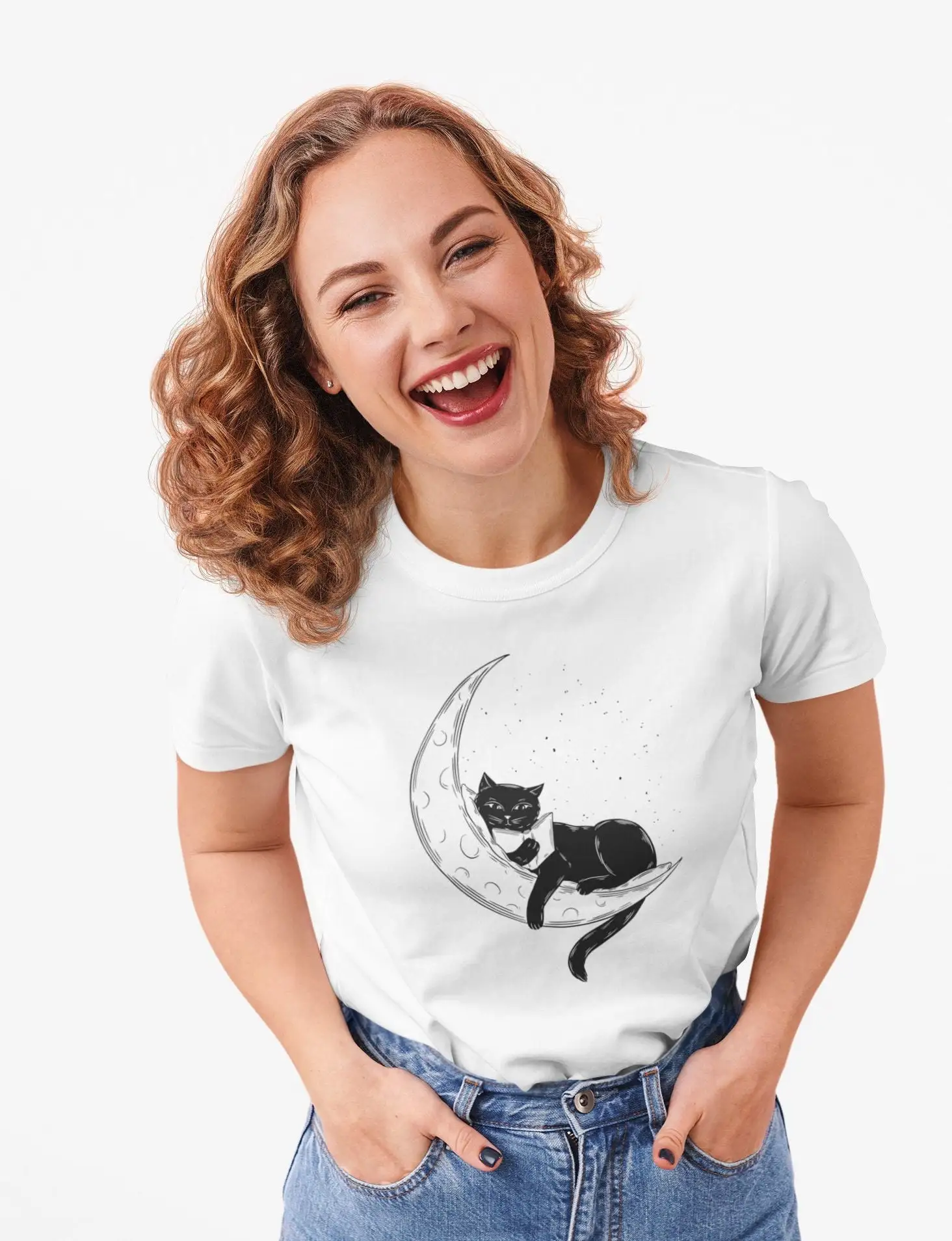 Cat Reads On The Moon Ladies T Shirt Animal Book Graphic Woman Lover