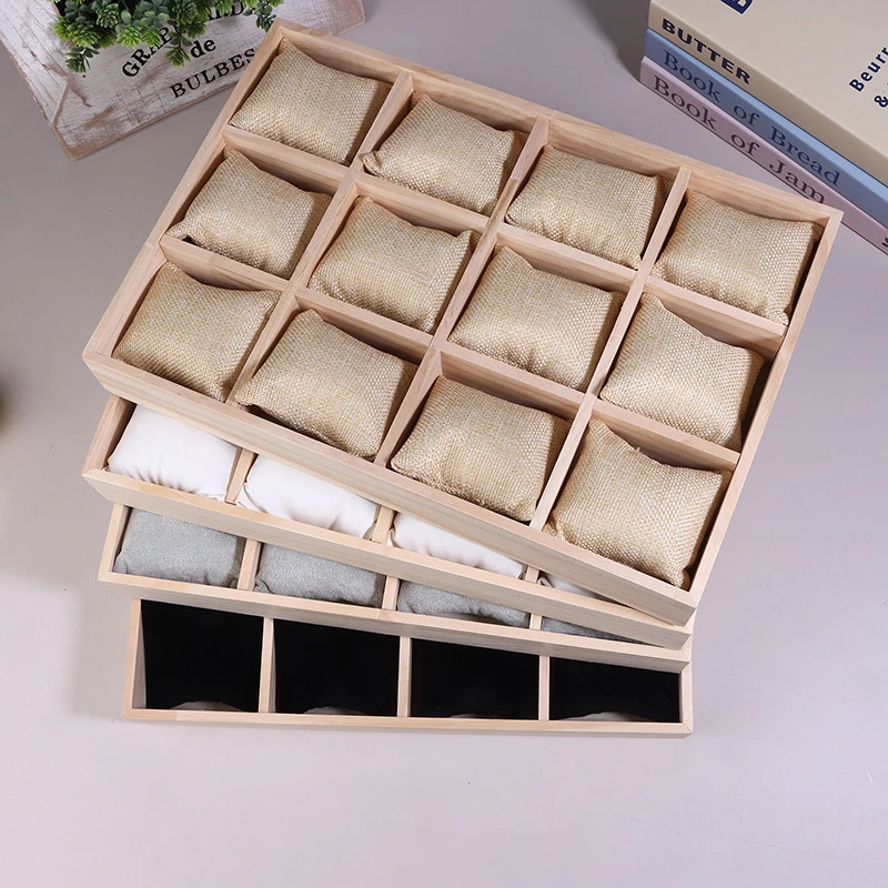 

Solid Wood 12 Digit Pillow Plate Watch Jewelry Bracelet Storage Display Case Organizer With Removable Flannel Pillows