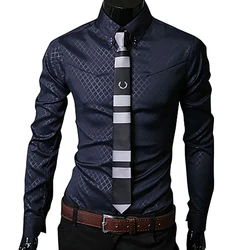 Camisa casual de manga comprida Argyle masculina, slim fit, estilo empresarial, macio conforto, prenda de luxo, nova