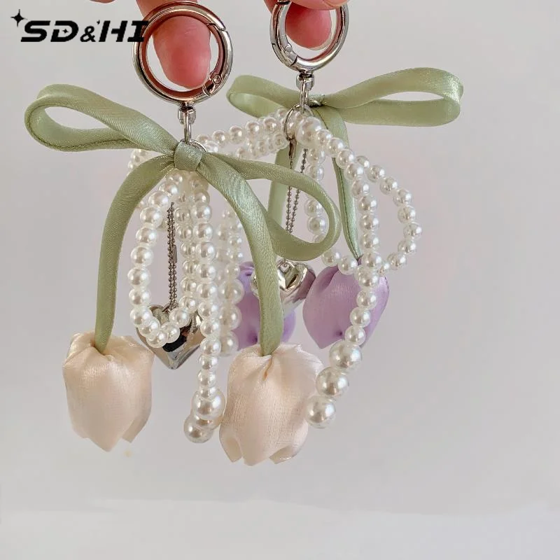 Bag Charm Pendant With Ribbon Pearl Tulip Phone Lanyard Jewelry For Women Key Chains DIY Decoration