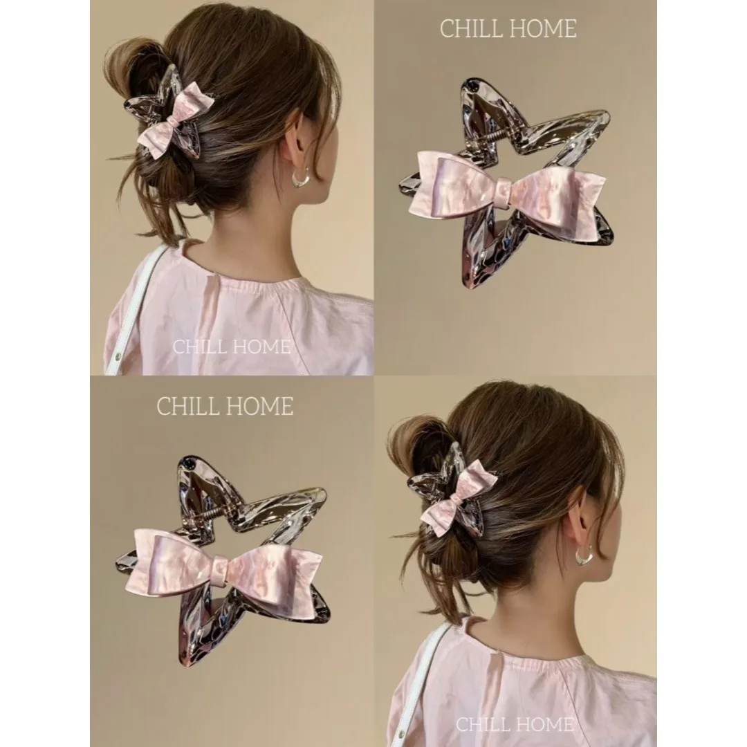 Nouvelle pince à cheveux transparente rose 2026 avec nœud papillon, style étoile, modèle de célébrité internet, polyvalente, pour l'arrière de la tête, taille moyenne