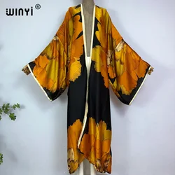 ยุโรป WINYI บิกินี่หวาน Lady Pink Boho Cardigan Stitch ค็อกเทลเซ็กซี่ Boho Maxi Holiday Batwing แขน KIMONO Mujer
