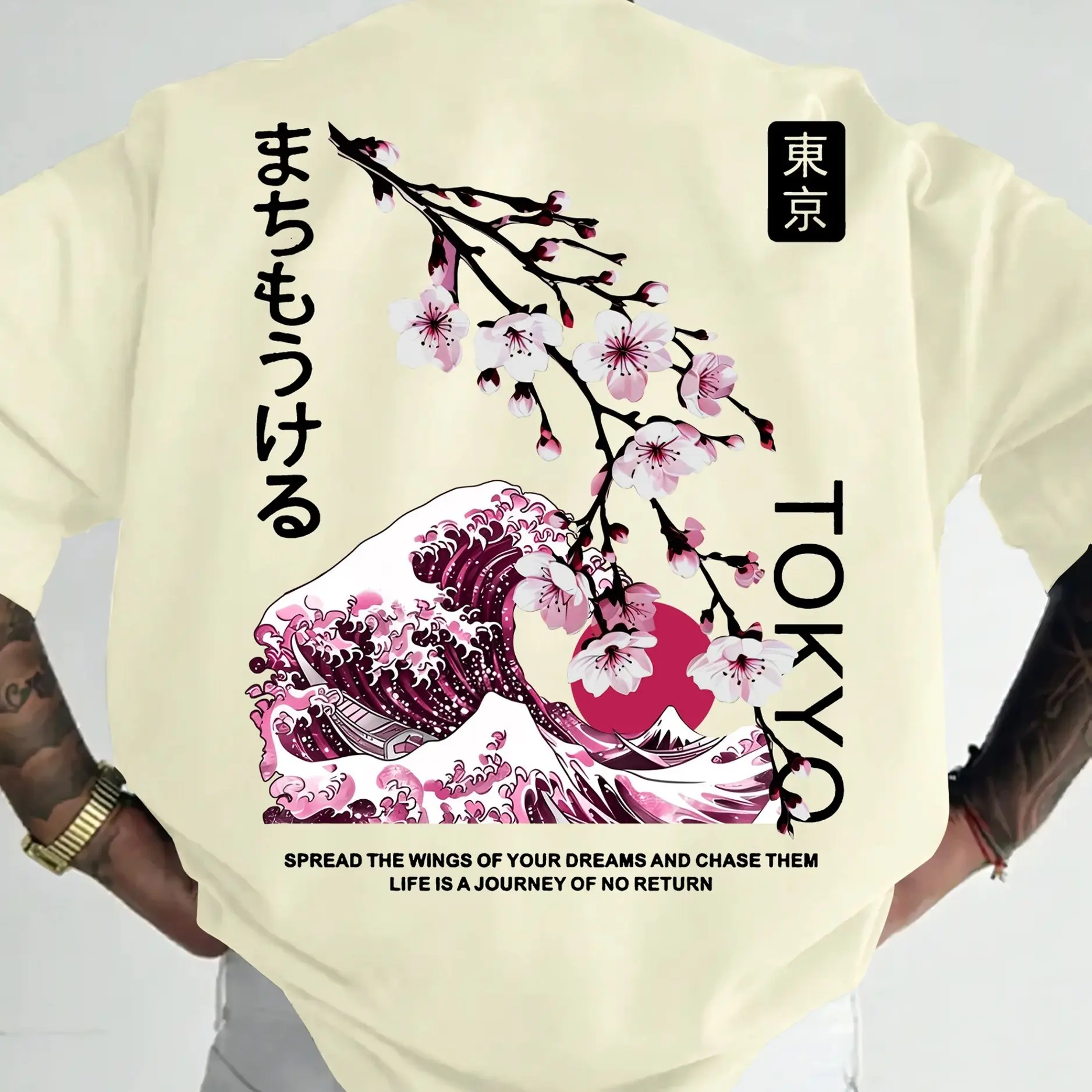 Herren-T-Shirt im Harajuku-Stil mit „Tokyo“-Kirschblüten- und Kanagawa-Muster, weich und atmungsaktiv, 100 % reine Baumwolle, Sommer-Oberteil – Detail 7