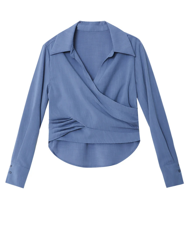 [EAM] Donna Blu Corss Irregolare di Grandi Dimensioni Camicetta Elegante Nuovo Scollo A V Camicia A Maniche Lunghe Moda Marea Primavera Autunno 2024 1DH7133