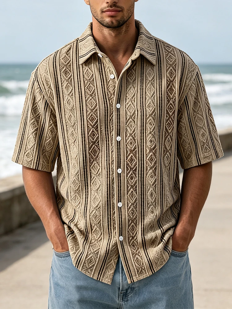 Vintage Men Knit Short Sleeve Shirt Fall Single Breasted Striped Pattern Turn-down Collar Daily Casual Mens Knitted Tops Men
