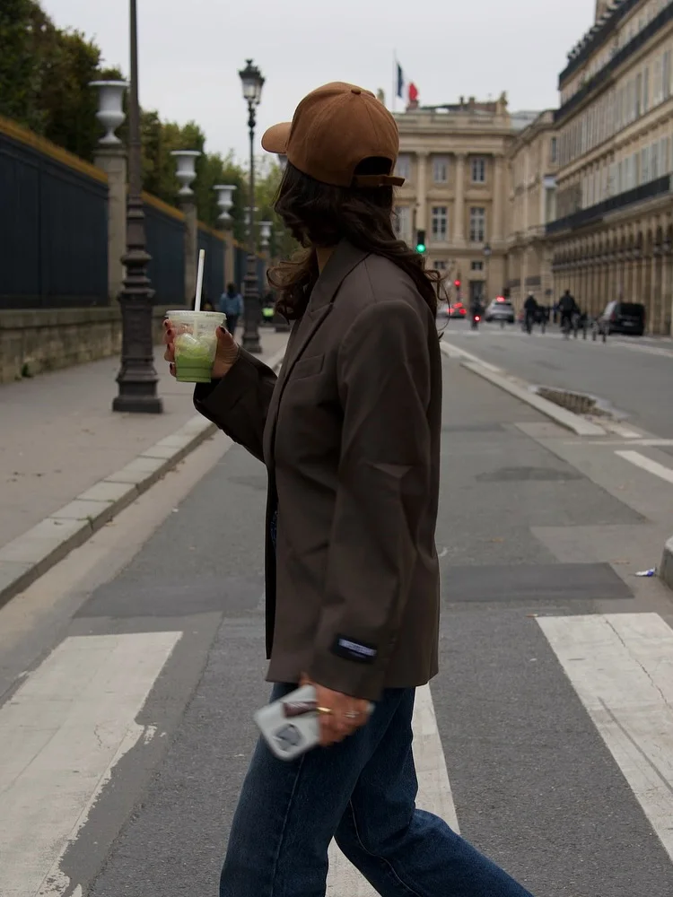 PB & ZAผู้หญิง2024ฤดูใบไม้ร่วง/ฤดูหนาวใหม่เสื้อสูทกว้างไหล่เอวMeladสีทึบCommuter Top