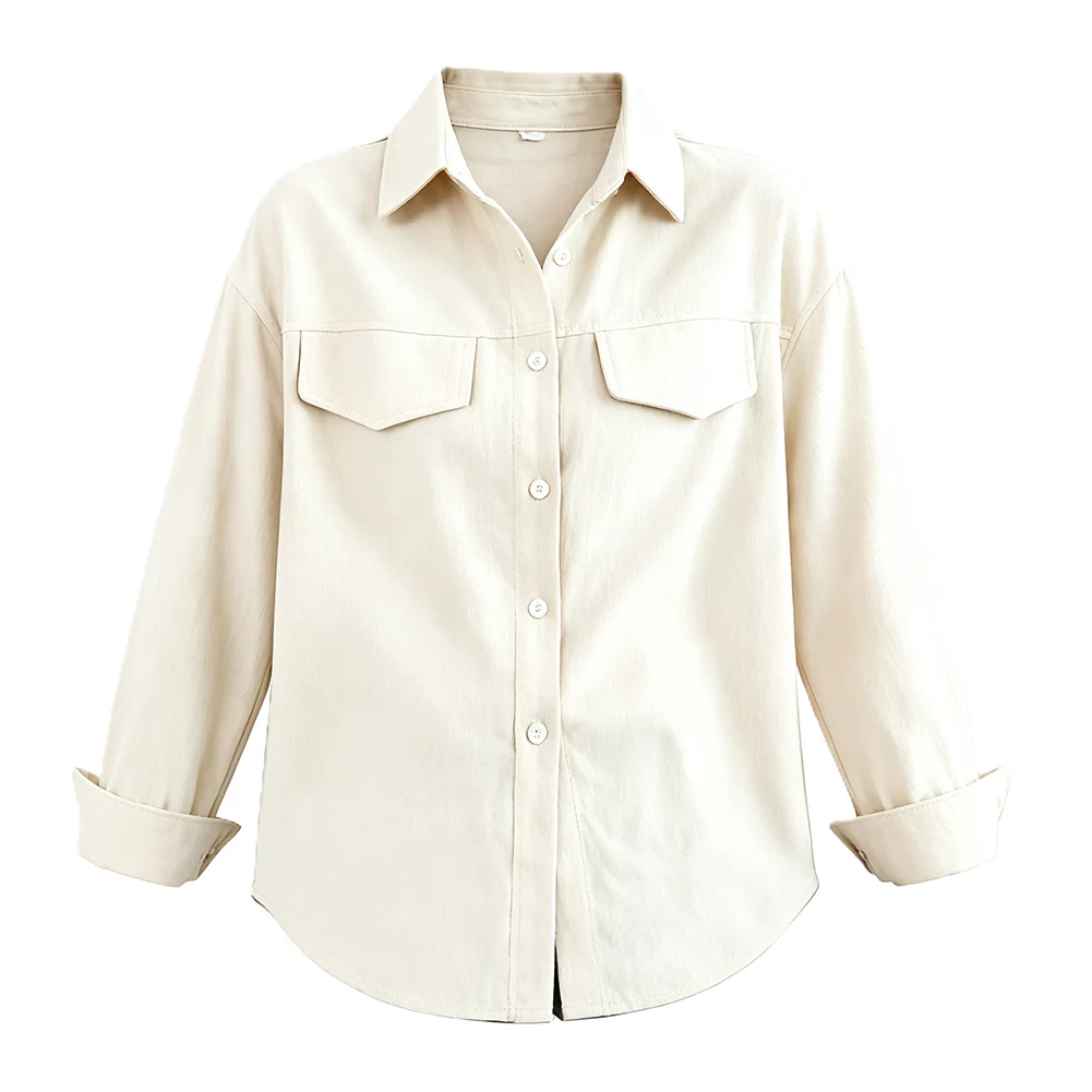 Women's Solid Color 1POLO Loose Corduroy Shirt Jacket Workwear Double Fake Pocket Decoration Tops 1PCS