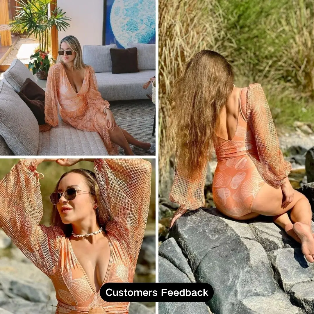 2024 New Fashion V Neck Shell Print Decoration Long Sleeve One Piece Swimsuit and Skirt  Summer Swimwear  Women  Beachwear Bathi