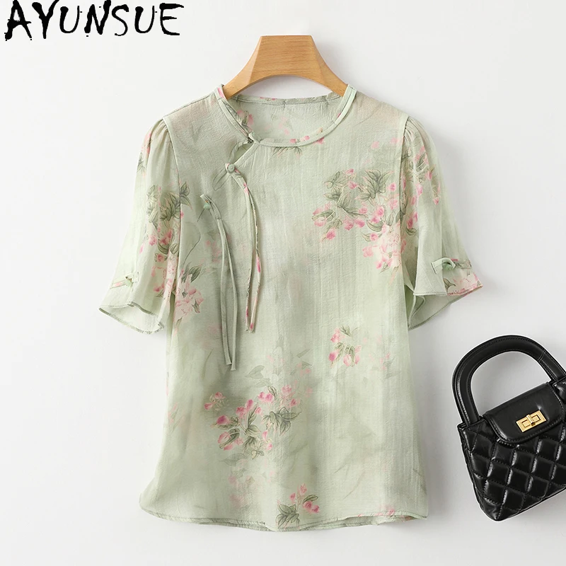 

AYUNSUE 92% Real Mulberry Silk Shirts for Women New Chinese Womens Summer Clothes Retro Short Tops Woman 2024 Camisa Mujer