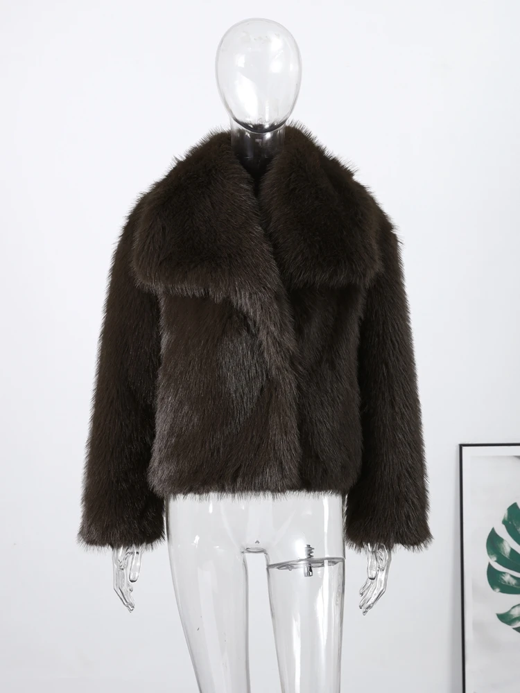 Luxury Thicken Brown Women's Faux Fur Coats Loose Lapel Long Sleeve Furry Overcoat 2025 Winter Lady New in Fashion Outwear