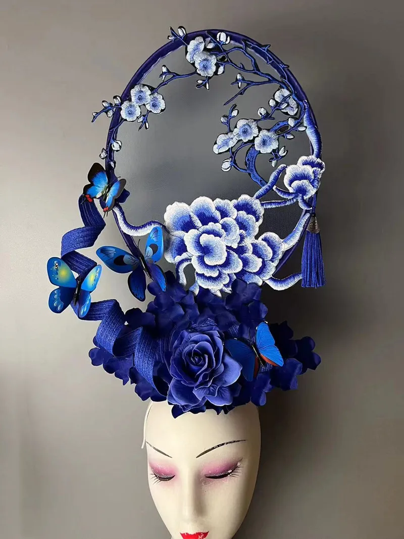 

Headdress Women's BlueFlower Decoration Irregular High-End Exquisite Party Accessories Embroidery Butterfly Stage Creative Props