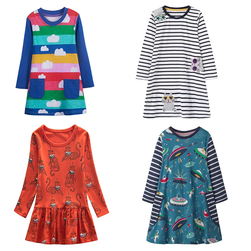 

Animals 2-4T Autumn Spring Space Girls Dresses Long Sleeve Hot Selling Toddler Clothing Pockets Dresses Birthday Gifts