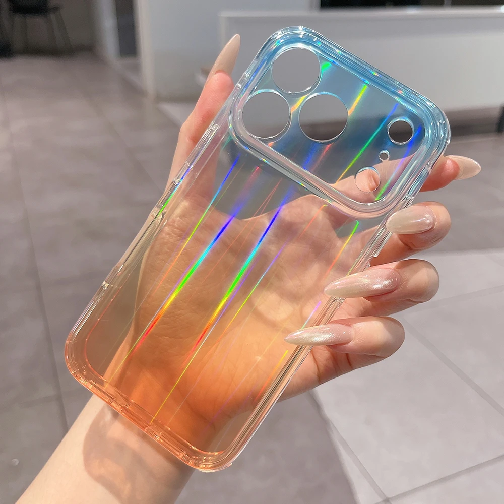 Capa de Celular com Padrão CD de Linhas Gradientes a Laser que Mudam de Cor para iPhone 17 Pro Max 15 16 Pro Max, Capa Traseira Transparente à Prova de Choque