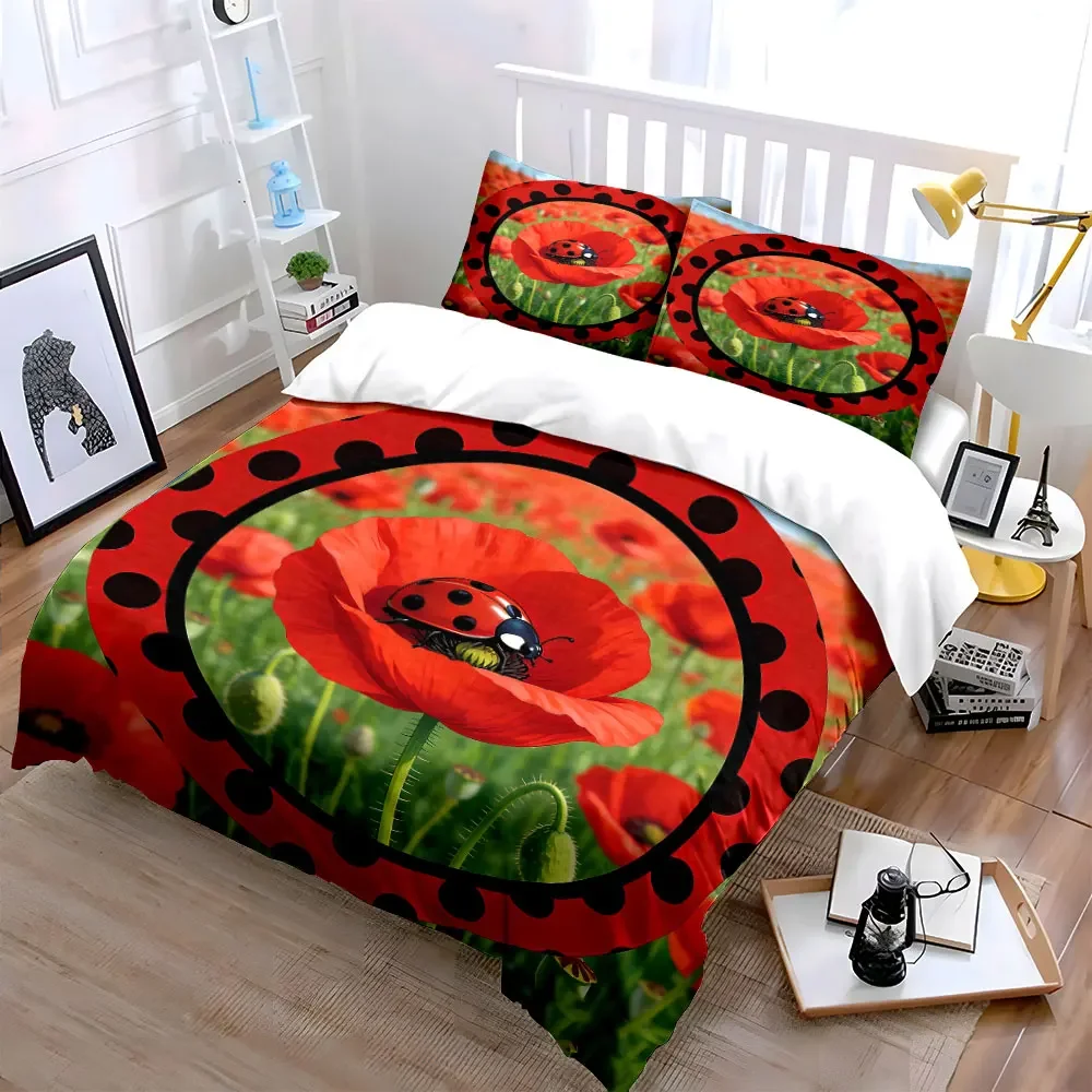 Ladybug Poppy Themed Decor Set Soft Comfortable Duvet Cover Bedding Set Included 1*Duvet Cover & 2*Pillowcases, gift