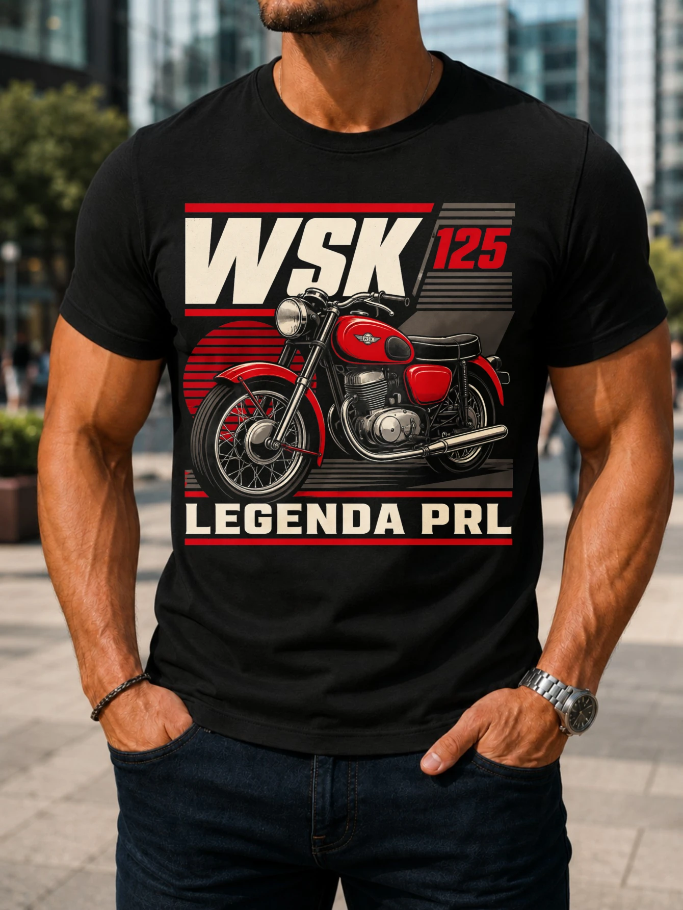 WSK 125 Legenda PRL Motorcycle clean red motorcycle in a framed retro layout classic Polish  Unisex All T-Shirt