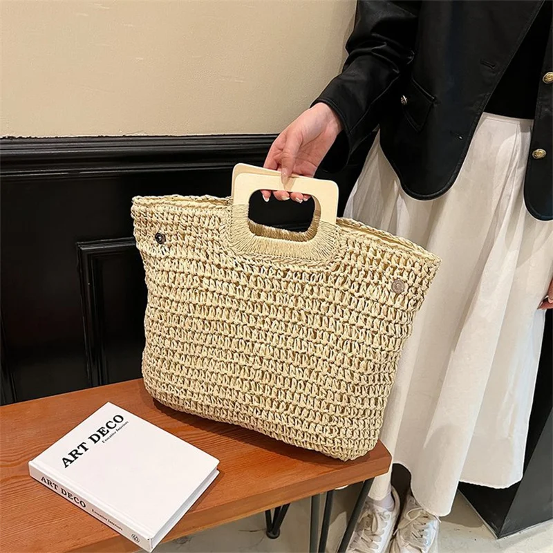 Fashion Straw Handbag Women Large Capacity Handle Bag Summer Handmade Woven Totes Vacation Beach Bag Travel Lady Bags