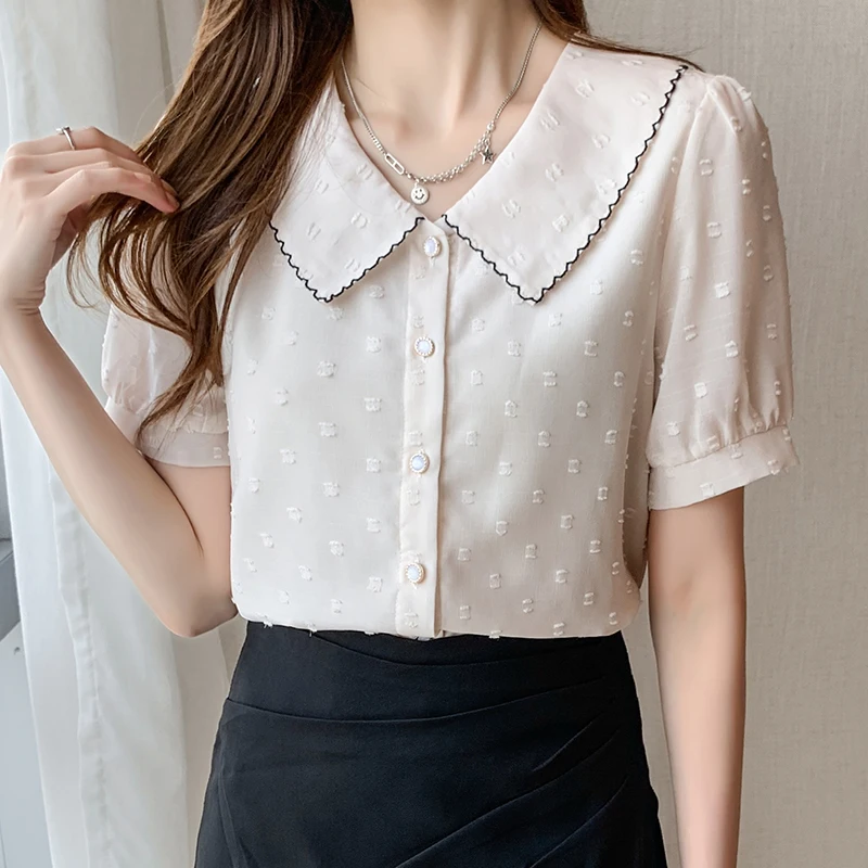 Short Sleeve Blouse Women Doll Collar Chiffon Blouse Shirt Blusas Mujer De Moda 2024 Verano Women Tops Shirts Blouses Femme F442