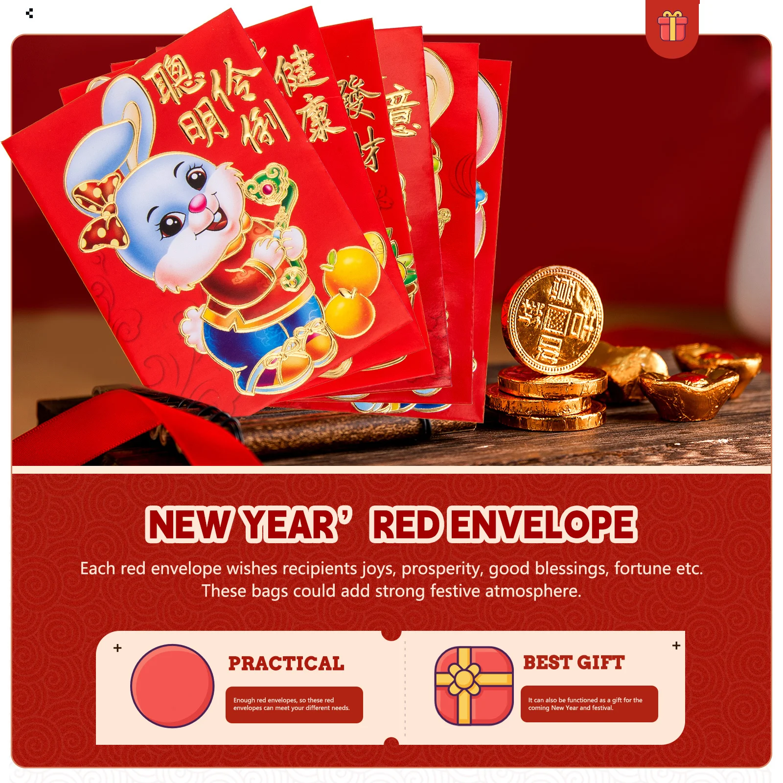 

120pcs Chinese Style Red Envelopes Cartoon Festival Bunny Pattern Paper Red Packets For Lunar New Year 2023 Rabbit Year Spring